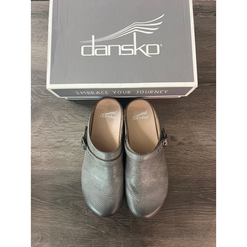 Dansko Berry Metallic Pewter Leather Clogs Mules Swivel Strap Women's 39 (8.5)